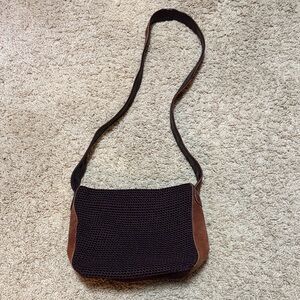 The Sak Burgundy Crochet Crossbody with Trendy Brown Suede Strap